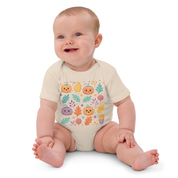 Organic Cotton Baby Bodysuit, Cute Kawaii Pumpkins, Infant Bodysuit, Baby Shower Gift, Fall Baby Outfit, Eco-Friendly, Baby Clothes