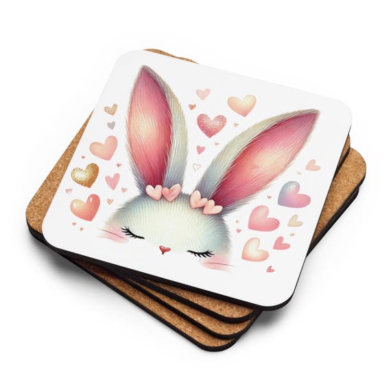 Easter Coaster With Cute Bunny, Heart Cork Coaster, Bunny Decor, Easter Home Decor, Coasters With Hearts