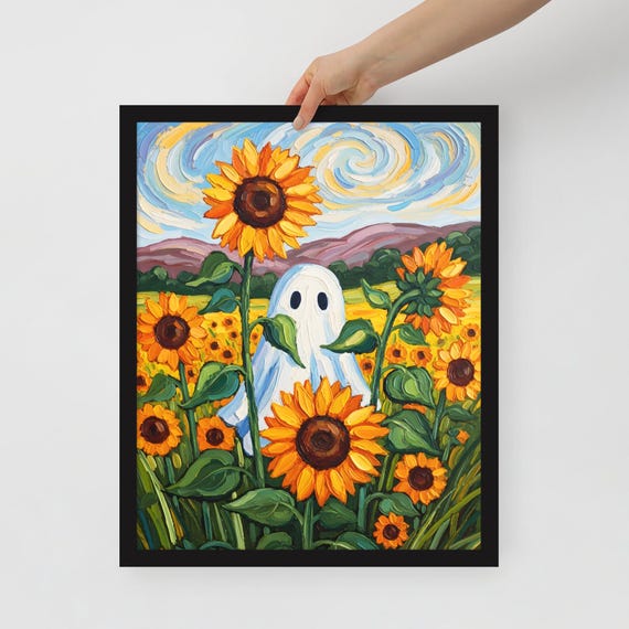 Whimsical Ghost Landscape Oil Painting, Framed Poster, Autumn Decor, Halloween Wall Art, Seasonal Home Decoration