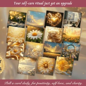 Könnte beinhalten: Eine Sammlung quadratischer Karten mit Bildern von Blumen, Sonnenuntergängen und Landschaften. Der Text lautet "Your self-care ritual just got an upgrade" und "Pull a card daily, for positivity, self-love, and clarity".