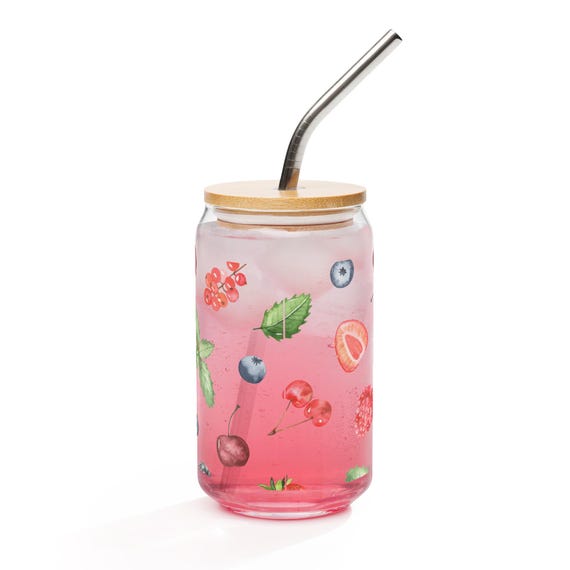 Watercolor Fruit Can Glass, Painted Fruit Tumbler, Artistic Glass Drinkware, Eco-friendly Glass Cup, Vibrant Kitchenware