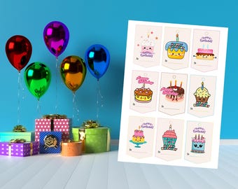 Etiquetas de regalo de feliz cumpleaños para niños, etiquetas coloridas, etiquetas de recuerdo de fiesta, suministros para fiestas de cumpleaños, etiquetas de feliz cumpleaños, etiquetas de regalo imprimibles, etiqueta de regalo