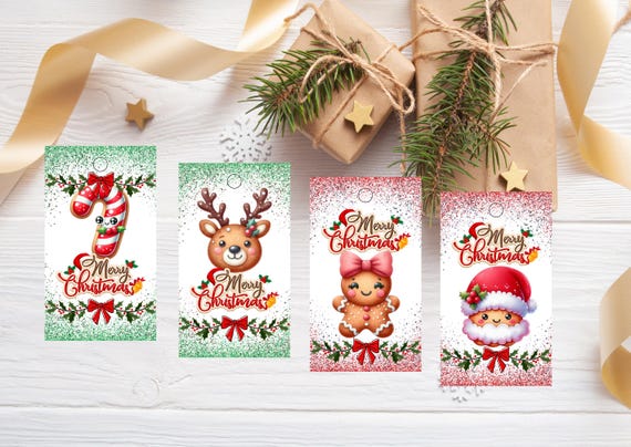 Christmas Gift Tags Set of 4, Cute Kawaii Tags, Holiday Tags, Gift Decor, Present Tags, Printable Tags, Gift Tag, Gift Tags, Xmas Tags