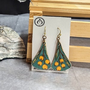 Wooden Decoupage Earrings with Berry Design, Dangle