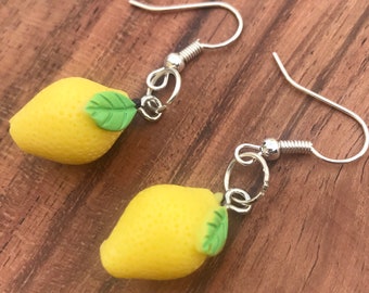 Lemon Earrings - Tiny Fruit - Silver dangle hook earrings with lemon charms, lemon earrings, miniature food earrings, miniature food jewelry