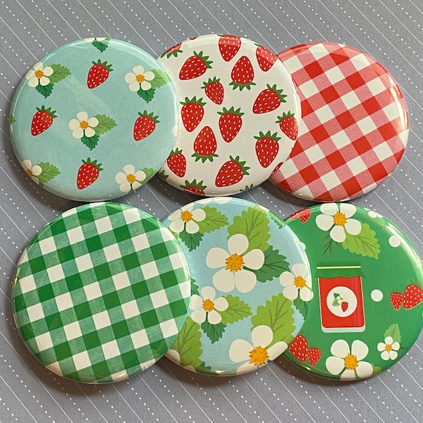 Set of 6 Strawberry Themed Pocket Mirrors, Bottle Openers, Magnets, Pinback Buttons, Party Favors, Bridal, Wedding Favors, Kitchen Decor