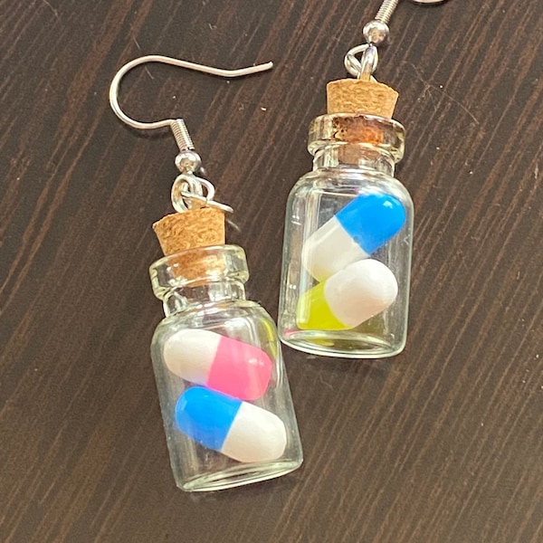 Miniature fake pill bottle earrings -tiny glass bottles, french hook earrings, Happy, Jewelry for Doctors, Nurses, Pharmacists