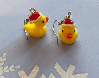 Mini Christmas Santa Hat Rubber Ducky Earrings - Light weight, French Hook Dangle Earrings - Novelty Quirky Weird Earrings, Holidays, Winter