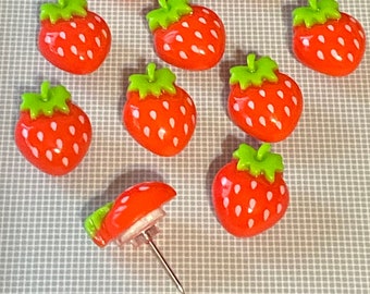Set of 10 Strawberry Push Pins, Office Decor, Novelty Thumb Tacks, Dorm Decor, Home, School Supply, Kawaii, Red, Spring Decor