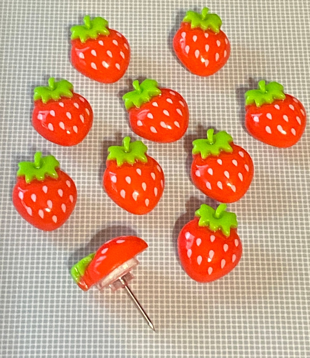 Set of 10 Strawberry Push Pins, Office Decor, Novelty Thumb Tacks, Dorm