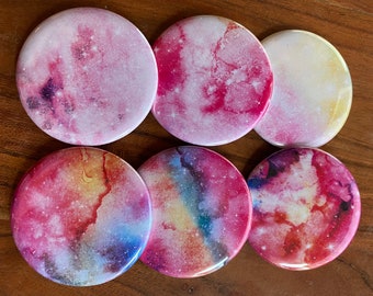 Set of 6 Pink Galaxy Themed Pocket Mirrors, Bottle Openers, Magnets, Pinback Buttons, Party Favors, Space, Wedding Favors, Kitchen Decor
