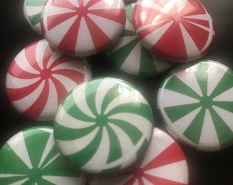 Peppermint and Spearmint 1 inch Buttons or Magnets, Christmas, Holiday, Party Favor, Candy, Table Scatter, Fridge Magnet, Red, Green, Mint