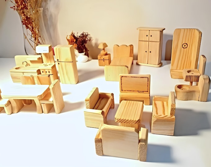Wooden Dollhouse Furniture 20Pcs Set | 1:16 Scale Dollhouse Miniatures | Natural Toys | 1st Birthday Gift