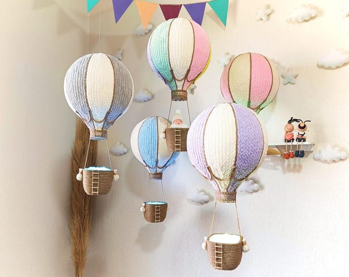 Hot Air Balloon Nursery Decor | Knitted AirBalloon | Baby Mobile | Remote Controlled Nursery Light