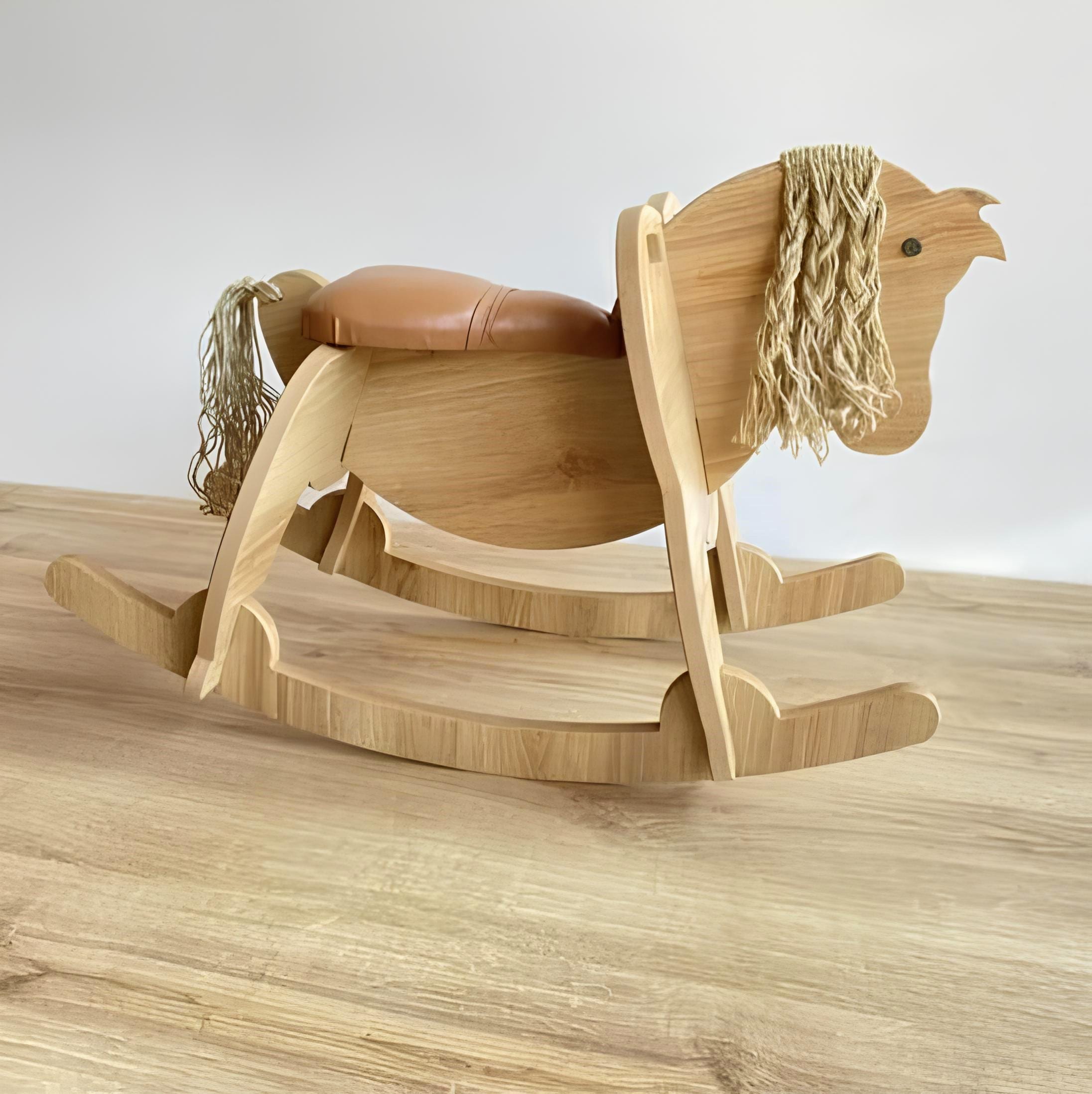 革製シート付き木製ロッキングホース：幼児用おもちゃ、子供用家具