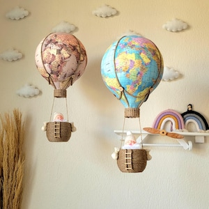 Decoración con globo aerostático, globo aerostático con mapa del mundo, decoración del hogar, decoración de guardería, móvil para guardería, móvil para bebé, regalo para niños, regalo para baby shower.