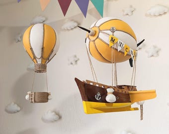 Hot Air Balloon Nursery Decor | Steampunk Airship | Custom Name Baby Mobile | Personalized Baby Gift