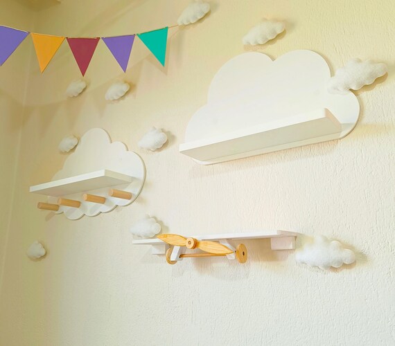 Cloud & Plane Nursery Shelf Set: Wooden Kids Room Decor