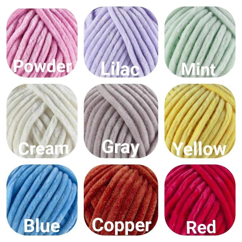 May include: Nine balls of yarn in different colours: powder pink, lilac, mint, cream, grey, yellow, blue, copper, and red.