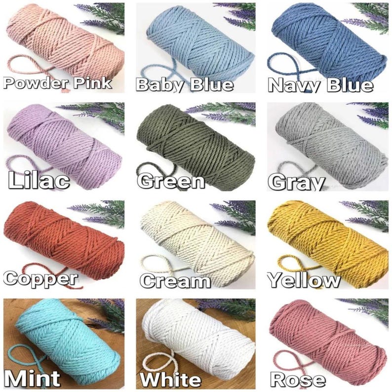 May include: A collection of 12 spools of cotton cord in various colors, including powder pink, baby blue, navy blue, lilac, green, gray, copper, cream, yellow, mint, white, and rose.