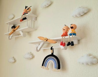 Custom Airplane Shelf | Nursery Decor | Wooden Floating Shelves | Baby Room Wall Decor | Felt Cloud