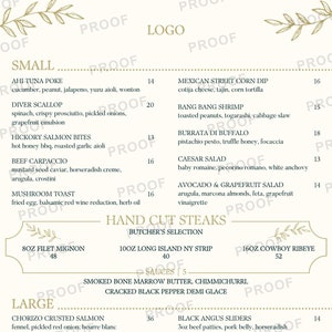 Plantilla de Canva para menú de restaurante de carnes de lujo de estilo americano. Menú de cena y bar en tamaño legal de 8,5 x 14 pulgadas.
