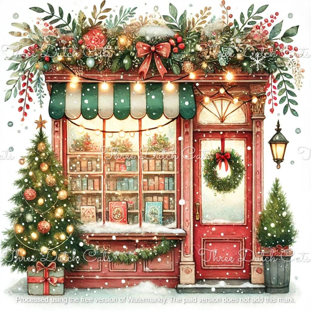 Christmas Cozy Stores - Watercolor Bookstore Clipart Bundle, PNG ...