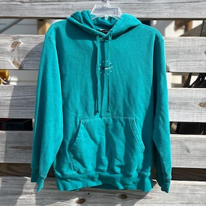 May include: Teal hoodie with a front pocket and a drawstring hood. The hoodie has a small white logo on the chest. The garment is hanging on a clear plastic hanger against a wooden fence.