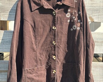Vintage Y2K Brown corduroy button-up shirt with floral paisley embroidery