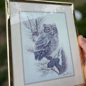 May include: Framed print of an owl perched on a pine branch with pine cones. The owl is depicted in shades of gray and white, with detailed feathering. The frame is gold-colored.