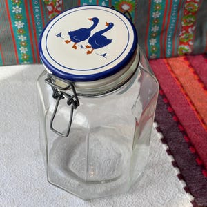 Vintage Italian Glass Canister w/ Ceramic Bale Lid Featuring Blue & White Geese