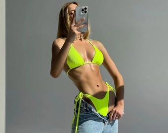Blake Bikini Set | Brazilian Tie Swimsuit, Green Polyamide Elastane