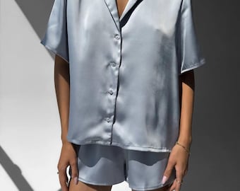 Silky Gray Pajama Set | Women's Sleepwear, Button-Up Shirt