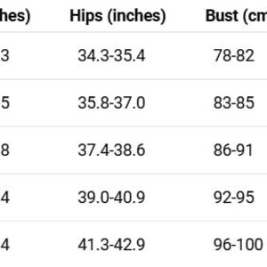 Pode incluir: Tabela de tamanhos mostrando as medidas de busto e quadril em polegadas e cent&iacute;metros para os tamanhos XS, S, M, L e XL.