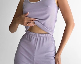 Beatrice Women's Pajamas Set – Cotton Tank Top and High-Waisted Shorts, Comfortable Sleepwear