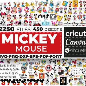 May include: A colorful digital collage featuring 2250 files and 450 designs of Mickey Mouse. The image includes various Mickey Mouse characters in different poses and expressions. The text "2250 FILES: 450 DESIGNS" is displayed in a red box with white text. The text "MICKEY MOUSE" is displayed in a red box with white text. The text "cricut Canva silhouette" is displayed in a black box with white text. The text "SVG-PNG-DXF-EPS-PDF-FONT" is displayed in a red box with white text.
