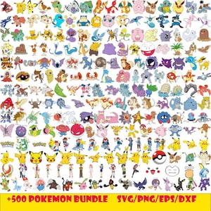 Könnte beinhalten: Eine Sammlung von über 500 Pokémon-Charakterillustrationen in verschiedenen Posen und Farben. Das Bild enthält beliebte Charaktere wie Pikachu, Charmander und Evoli, zusammen mit dem Text "+500 POKEMON BUNDLE SVG/PNG/EPS/DXF".