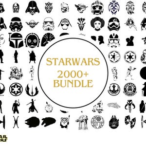May include: A collection of black and white Star Wars themed graphics, including character silhouettes, logos, and symbols. The image features Darth Vader, Stormtroopers, Yoda, and other iconic elements. Text in the center reads "STARWARS 2000+ BUNDLE".