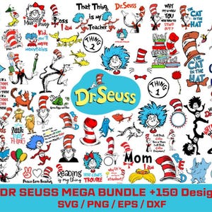 Könnte beinhalten: Eine Sammlung von digitalem Clipart zum Thema Dr. Seuss mit Figuren wie der Katze im Hut, Ding 1 und Ding 2 sowie dem Lorax. Das Clipart enthält verschiedene Sätze und Sprüche aus Dr. Seuss-Büchern, wie "That Thing is My Teacher", "I Will Be a Preschool Teacher" und "Why Did You Stand Out?"