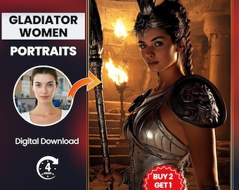Gladiatorporträtt: Anpassat gladiatorporträtt, unik konst för våldsamma kvinnliga krigare och väggdekor | Ansiktsbyte