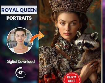 Royal Queen Custom Portrait | Unique Pet Portrait, Queen Portrait Art, Personalized Gift for Animal Lovers & Interior Decor