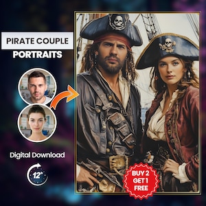 May include: A digital painting of a pirate couple, a man and a woman, wearing pirate costumes. The man has a beard and long hair. The woman has long hair and is wearing a red jacket. The painting is in a dark, moody style. The text "BUY 2 GET 1 FREE" is in a red circle at the bottom of the image.