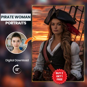 Ritratto di pirata: ritratto di donna pirata personalizzato, arte unica per bucaniere e decorazioni nautiche
