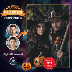 Spooky Portrait - Custom Couple Portrait Gift, Unique Spooky Artwork, Personalized Halloween Decor, Perfect for Fright Lovers