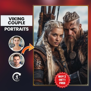 Wikinger Paar Portrait | Personalisierte Wikinger Mann - Frau Kunstwerk | Einzigartiges Geschenk für Sie & Ihn | Wikinger Geschenk