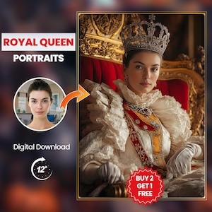 May include: A digital portrait service featuring a woman wearing a white and gold gown with a crown and sitting on a red velvet throne. The text "BUY 2 GET 1 FREE" is visible in the image.