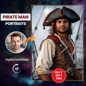 Retrato de pirata personalizado con intercambio de caras, regalo de descarga digital para él, arte único con intercambio de caras, retrato a partir de una foto, hombre pirata