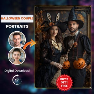 Custom Halloween Portrait - Unique Couple Portraits, Personalized Halloween Art, Spooky Decor, Gift Idea, Limited Edition Prints