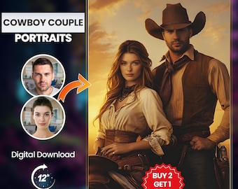 Cowboy Couple Portrait | Custom Cowboy Portrait, Western Decor, Couple's Gift, Rustic Home Decor, Unique Wall Art