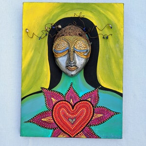 Original mixed media art outsider art portrait Mexican assemblage art